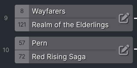 Upcoming books: Wayfarers, Realm of the Elderlings, Pern, Red Rising Saga